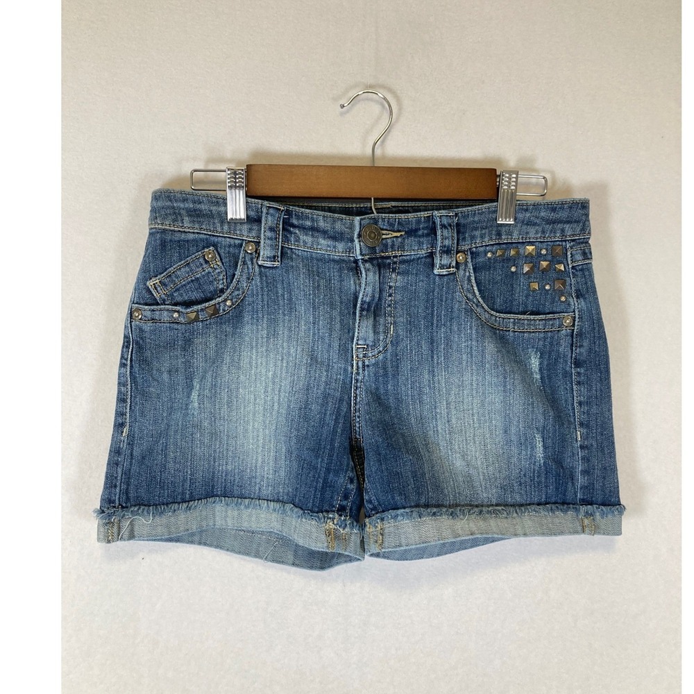 Edgy Studded a.n.a A New Approach Women 8 Blue Denim Cuffed Shorts Medium‎ Wash